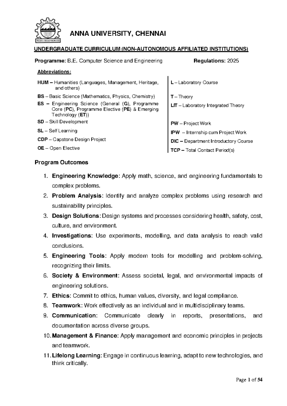 B.E. CSE Curriculum Overview (Regulations 2025) - Anna University - Studocu