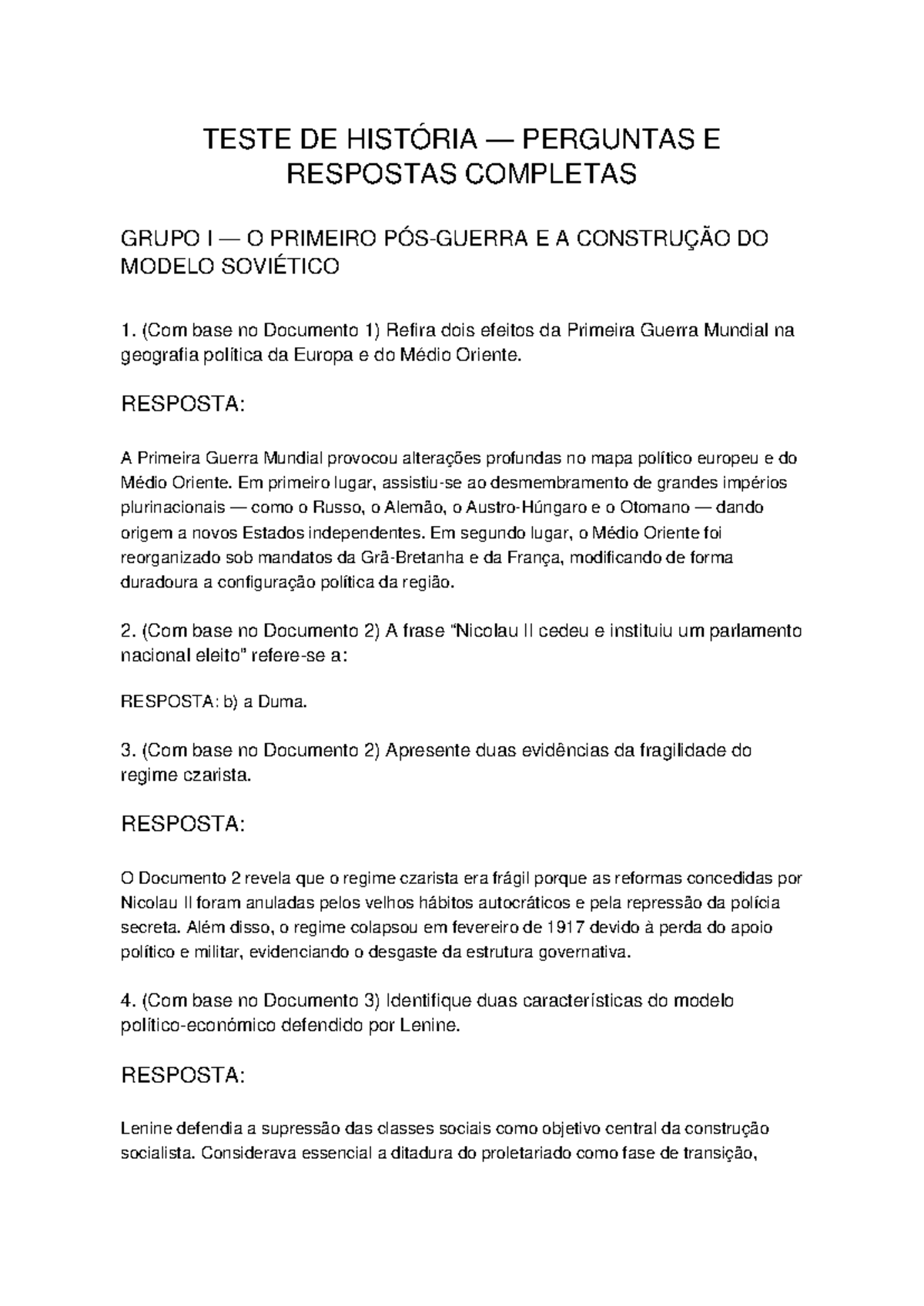 Teste de História: Perguntas e Respostas Completas - Grupo I e II - Studocu