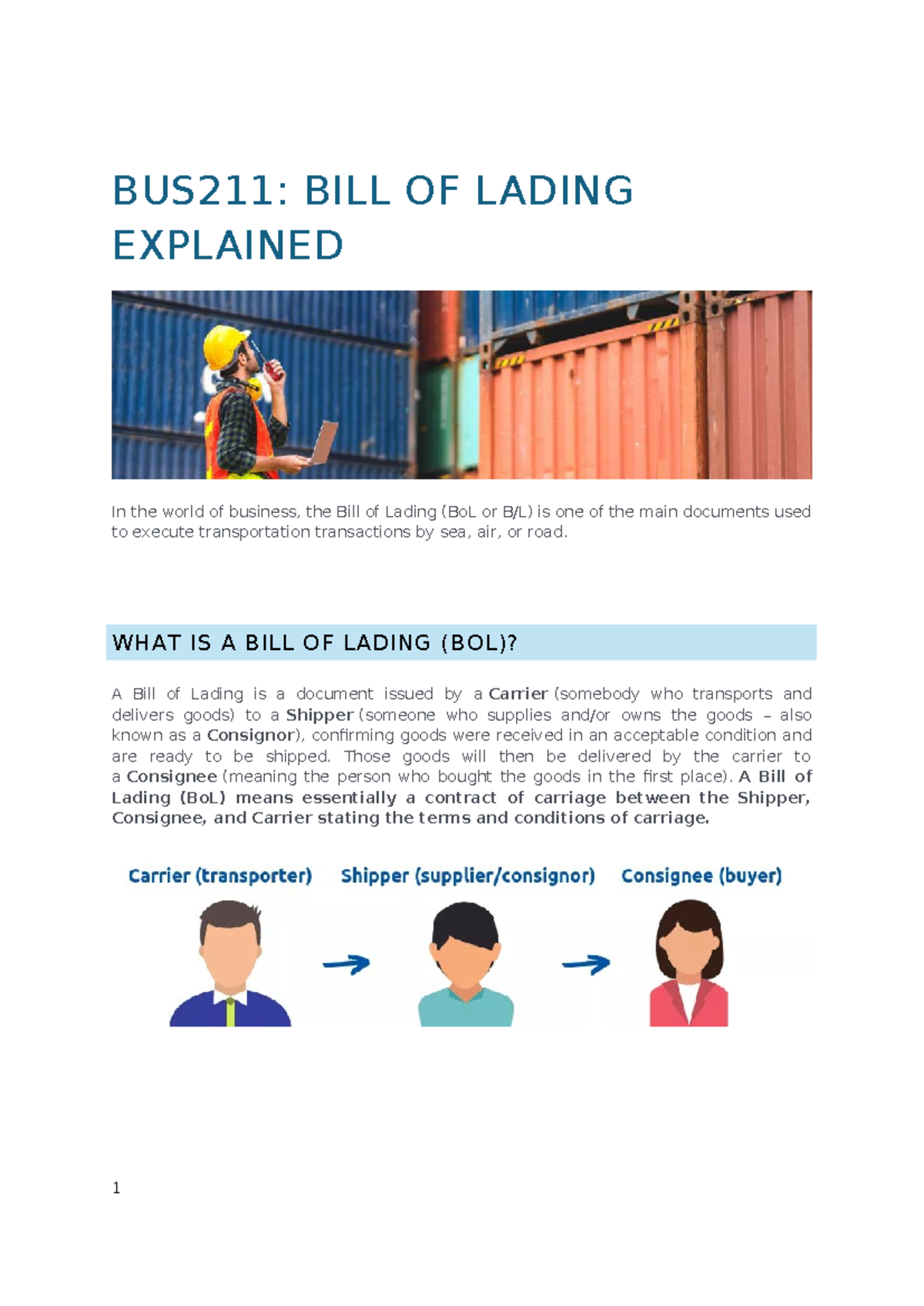 BUS211: Understanding the Bill of Lading in Transportation - Studocu