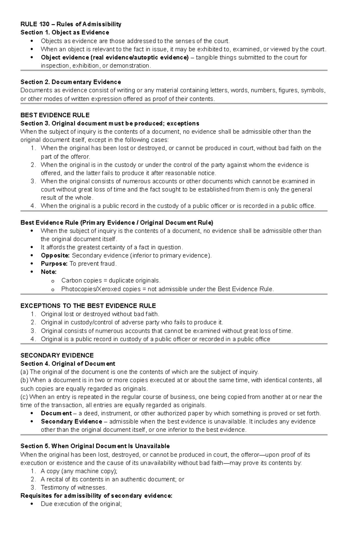 RULE 130: Admissibility of Evidence - Key Sections Explained - Studocu