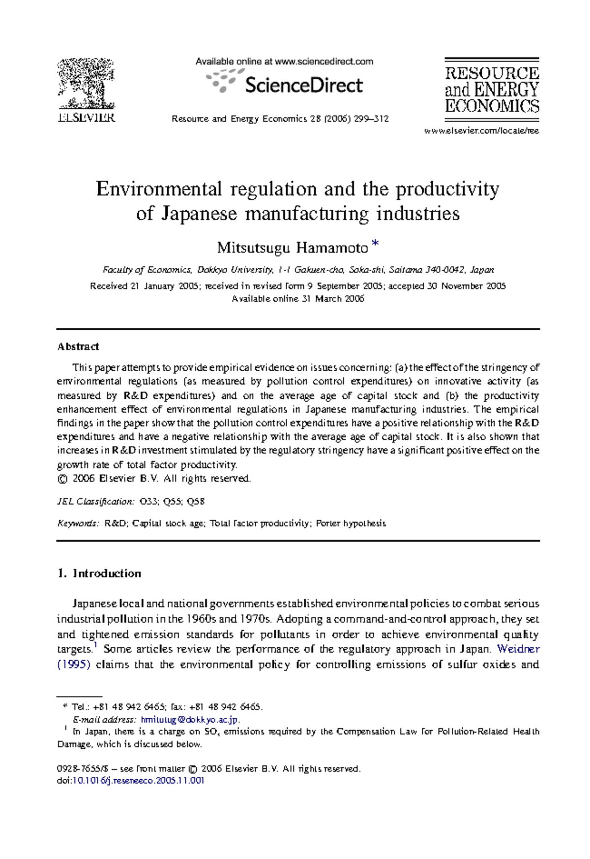 Hamamoto 2006 - Environmental regulation and the productivity of ...