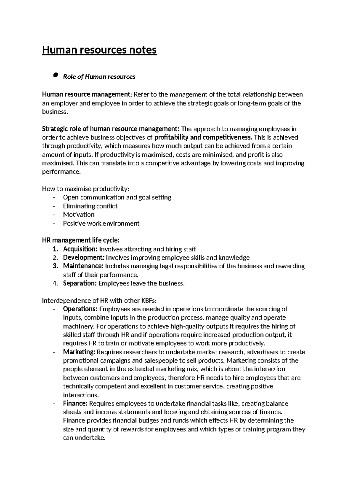 Human resources notes - Strategic role of human resource management ...