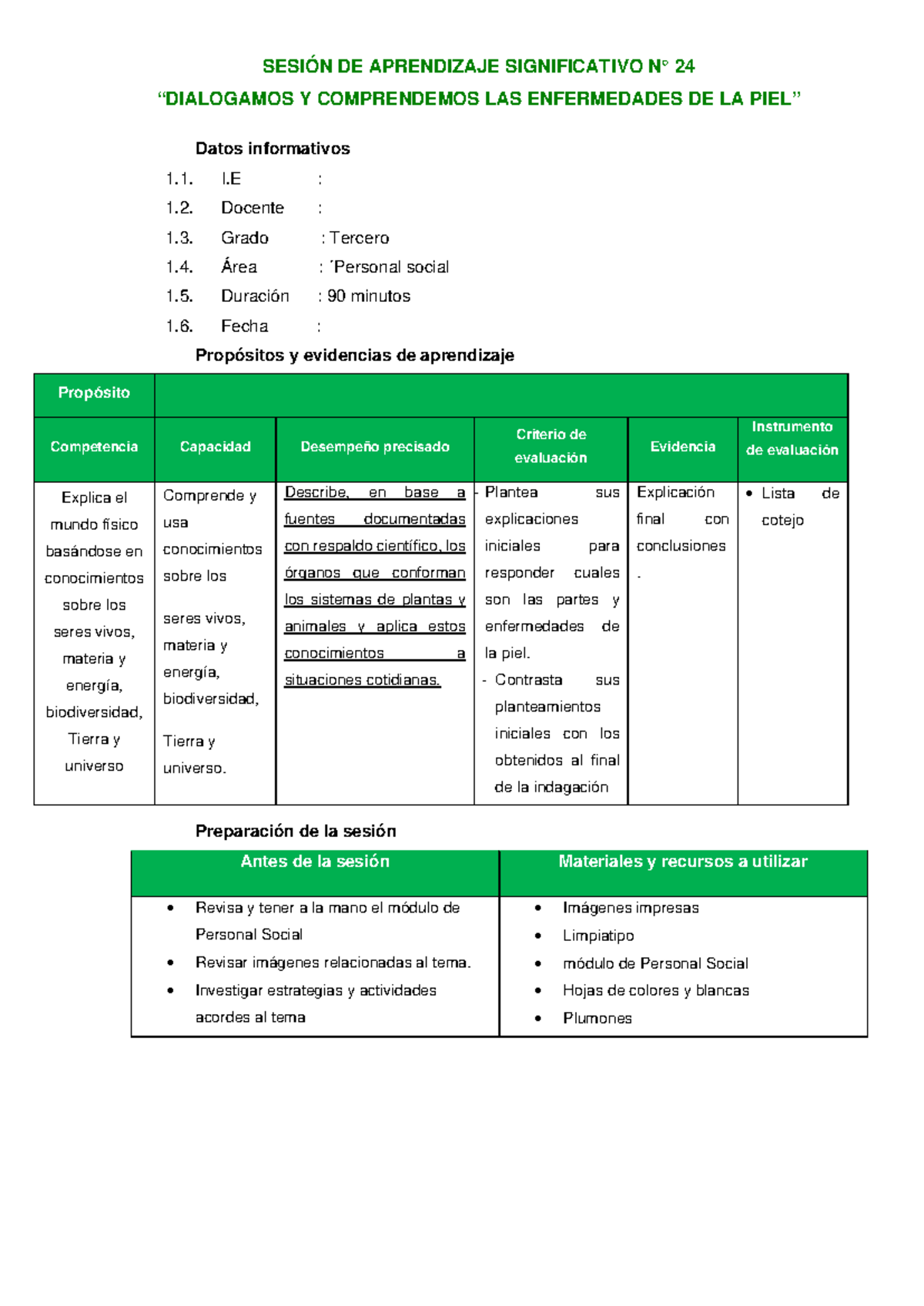 LA PIEL Sesión de Aprendizaje: Comprendiendo Enfermedades Cutáneas - Document Preview