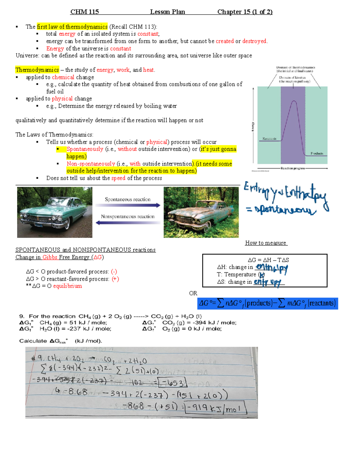 CHM115 Final Exam Chapter 15 Notes on Thermodynamics and Free Energy ...