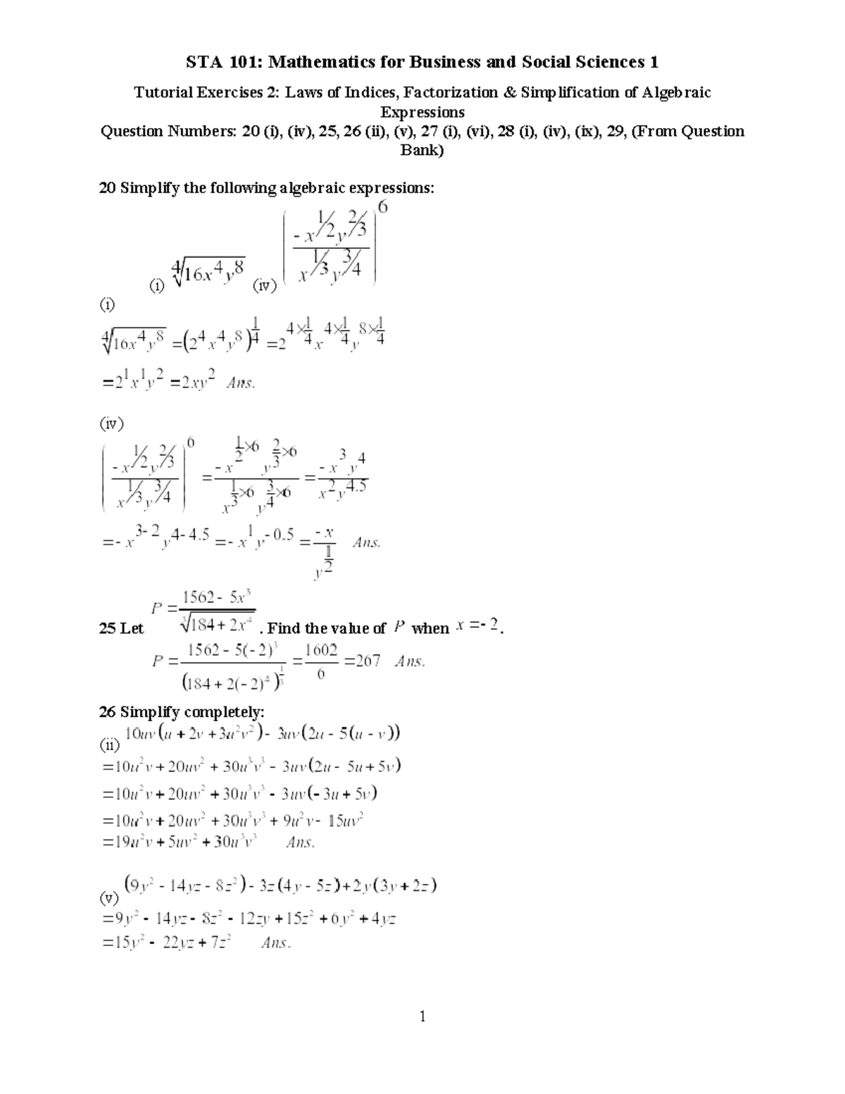 T 2-Ch 1 Indices etc- Solution-STA 101 - Mathematics for Business and ...