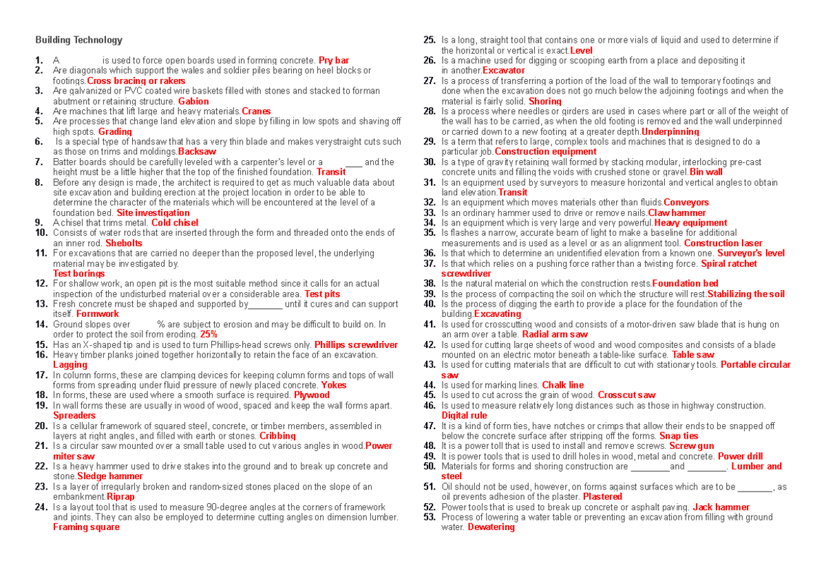 412236625 Building Technology Review Notes for Exam Preparation - Studocu