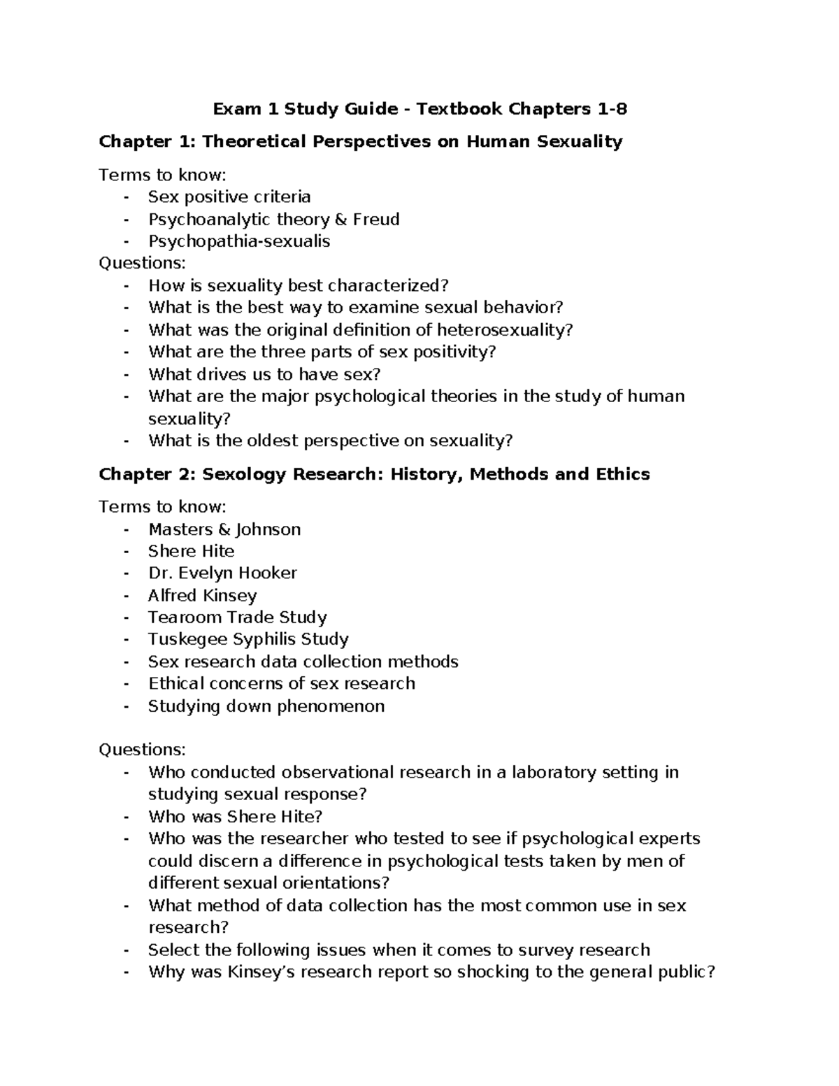 Exam 1 Study Guide - Human Sexuality (Ch. 1-8) & Key Terms - Studocu