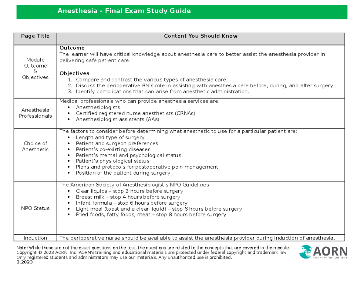 Anesthesia Care: Key Concepts and RN Roles in Patient Safety - Studocu
