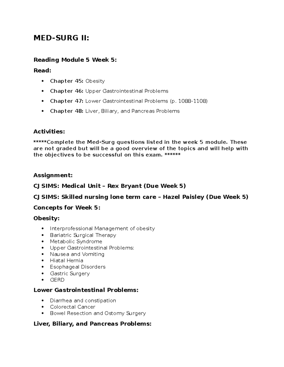 MED-SURG II: Week 5 Overview on Obesity & GI Problems - Studocu