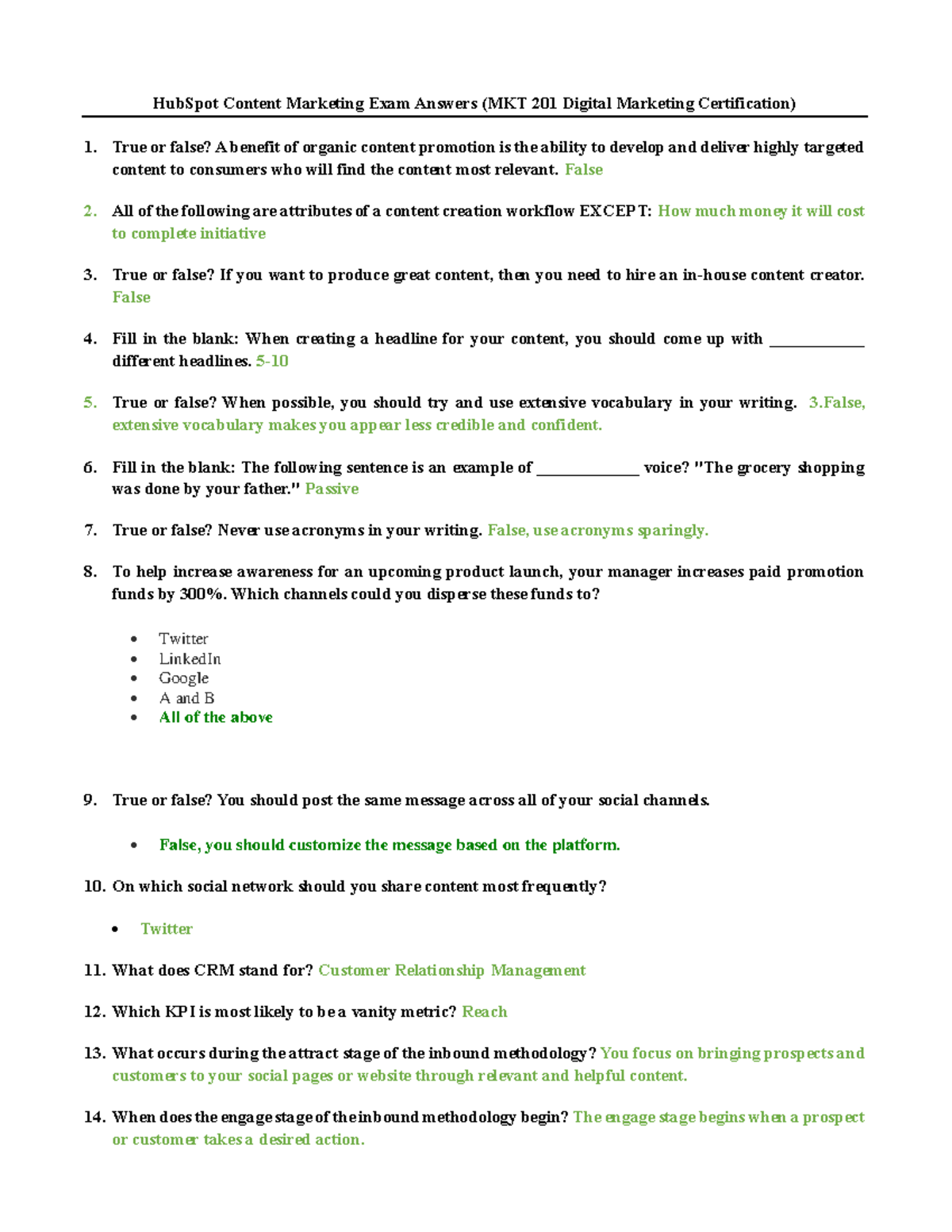 HubSpot Content Marketing Exam Answers (MKT 201 Digital Marketing Cert