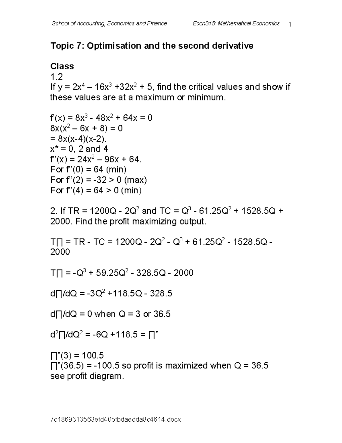 Econ315: Mathematical Economics 1 Topic 7 Class Questions Solutions ...
