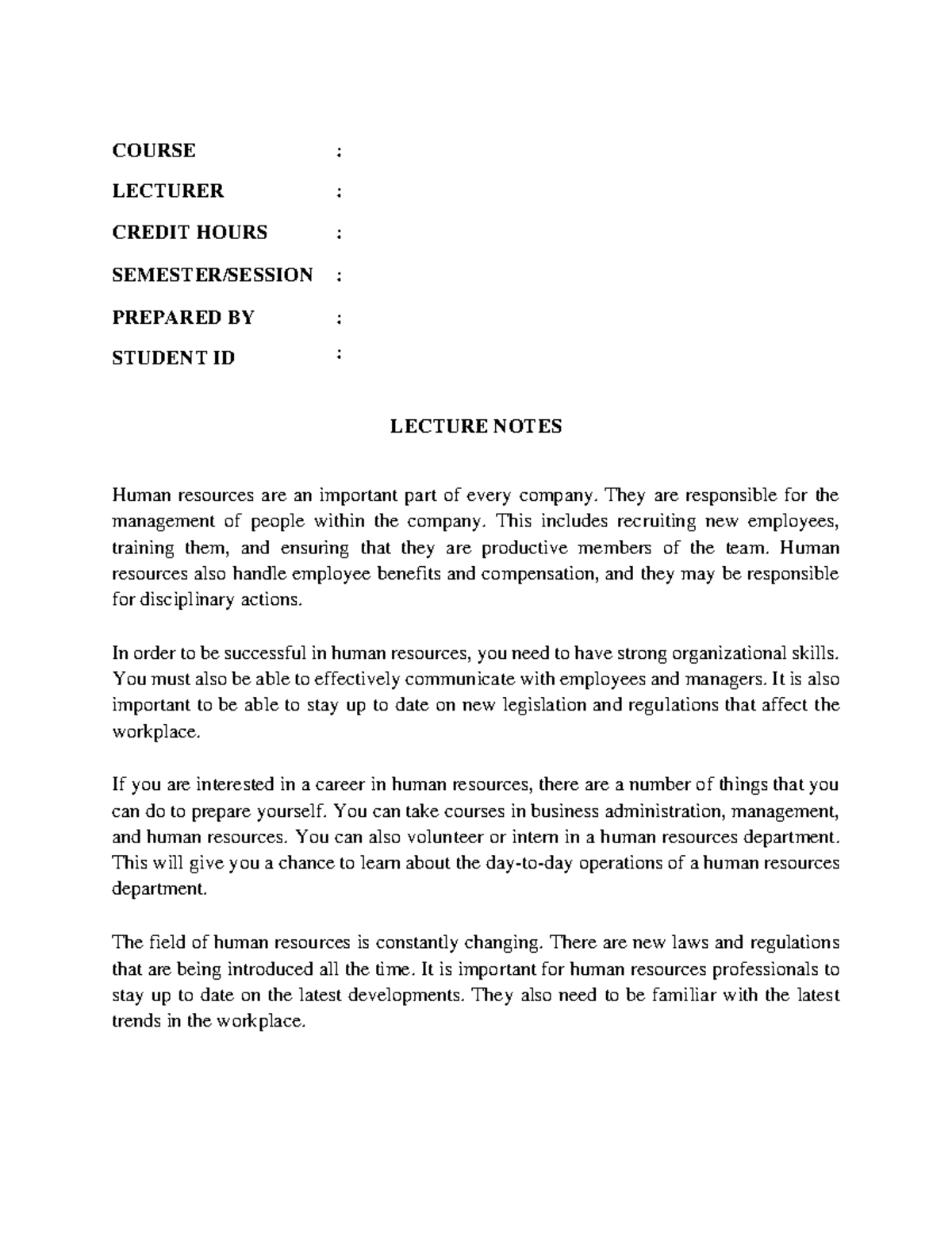 HR 101: Comprehensive Lecture Notes on Human Resources Management - Studocu