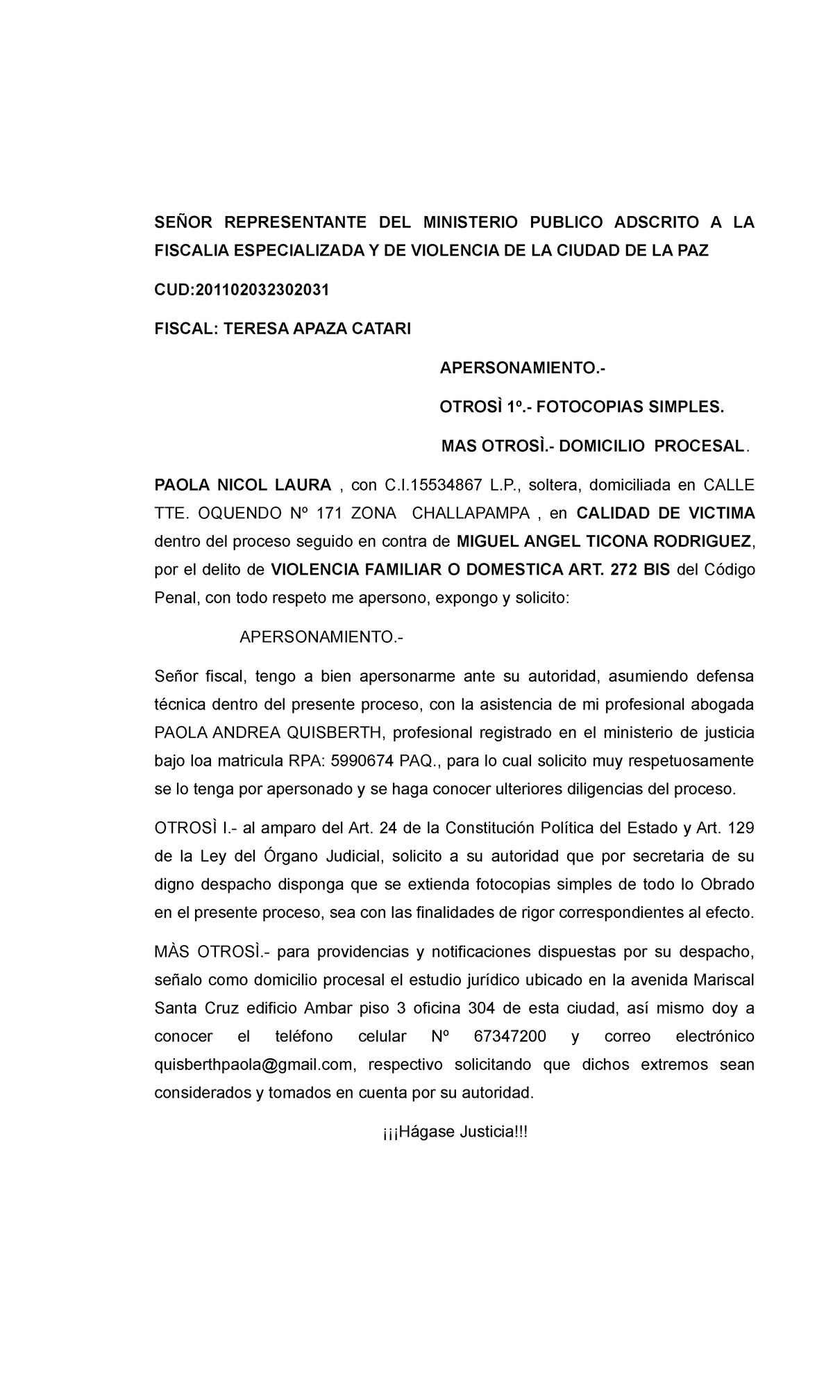 Apersonamiento y Solicitud ante la Fiscalía Especializada - La Paz - Document Preview