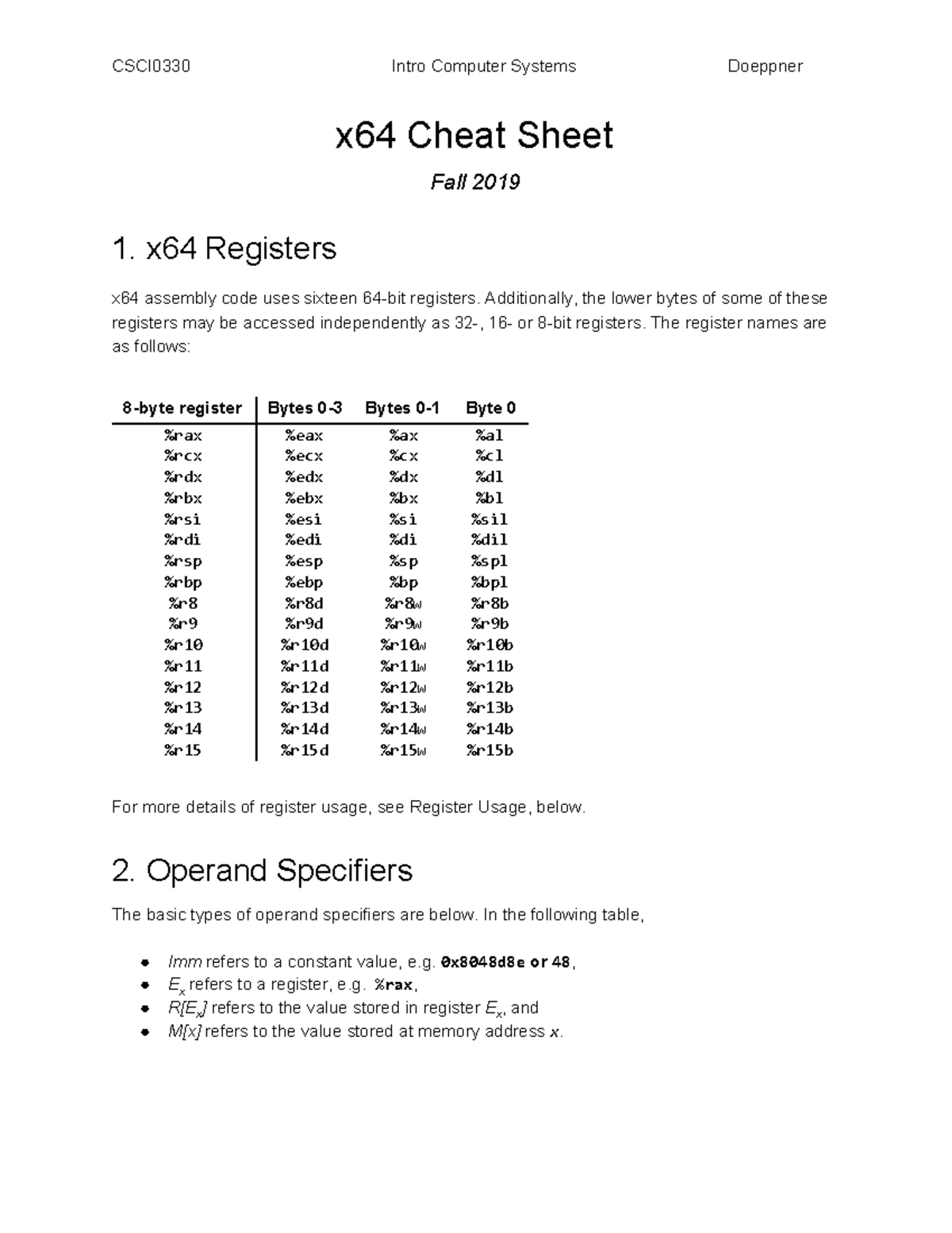 CSCI0330 x64 Assembly Cheat Sheet for Intro to Computer Systems ...