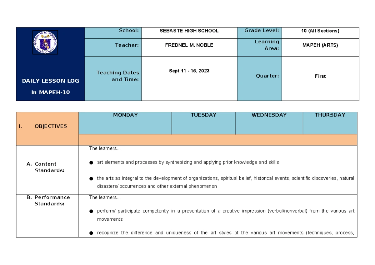 DLL - Daily Lesson Log for MAPEH 10 (Jan 15-18, 2023) - Studocu