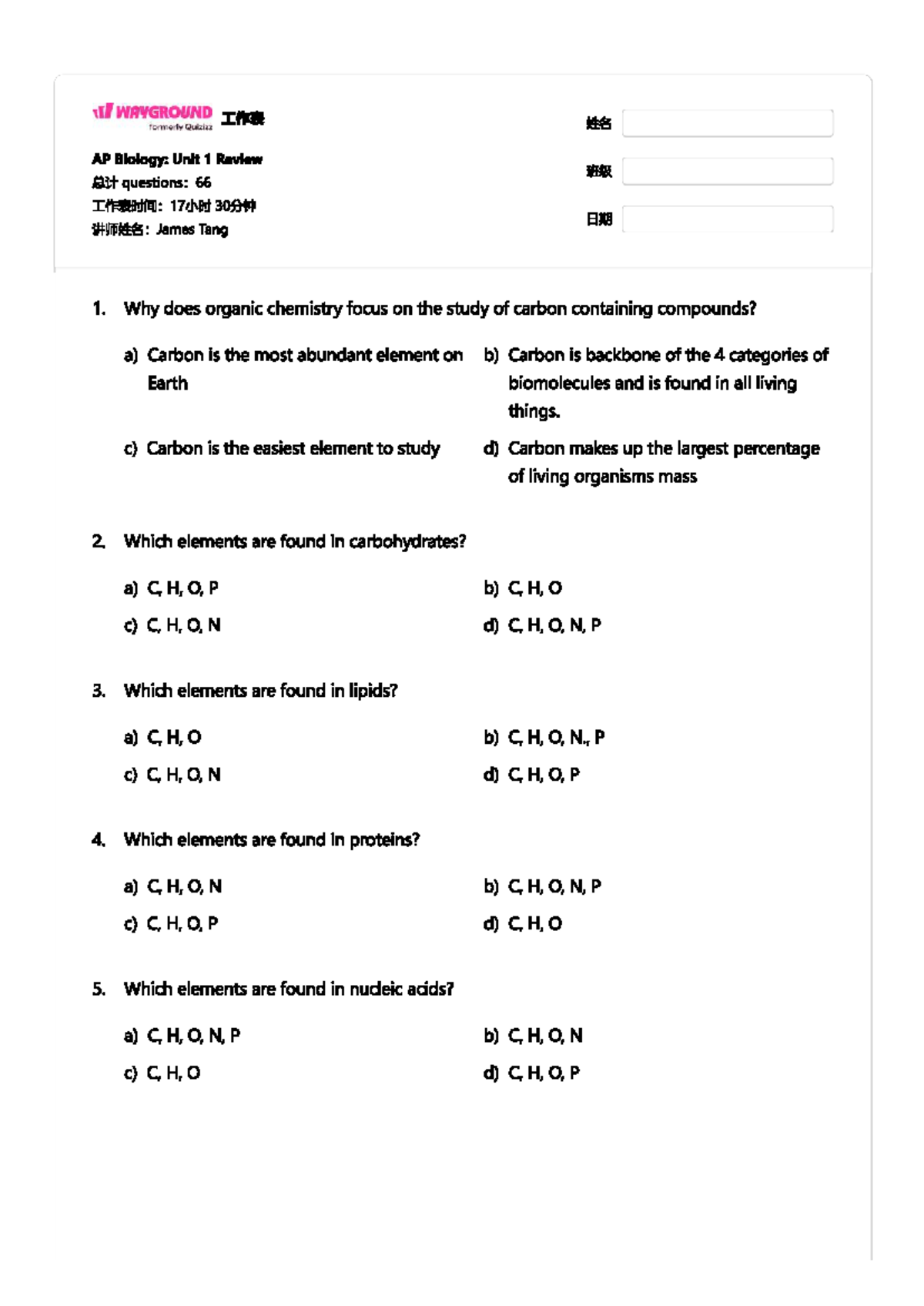 AP Biology: Unit 1 Quiz Review - Key Concepts and Questions - Studocu