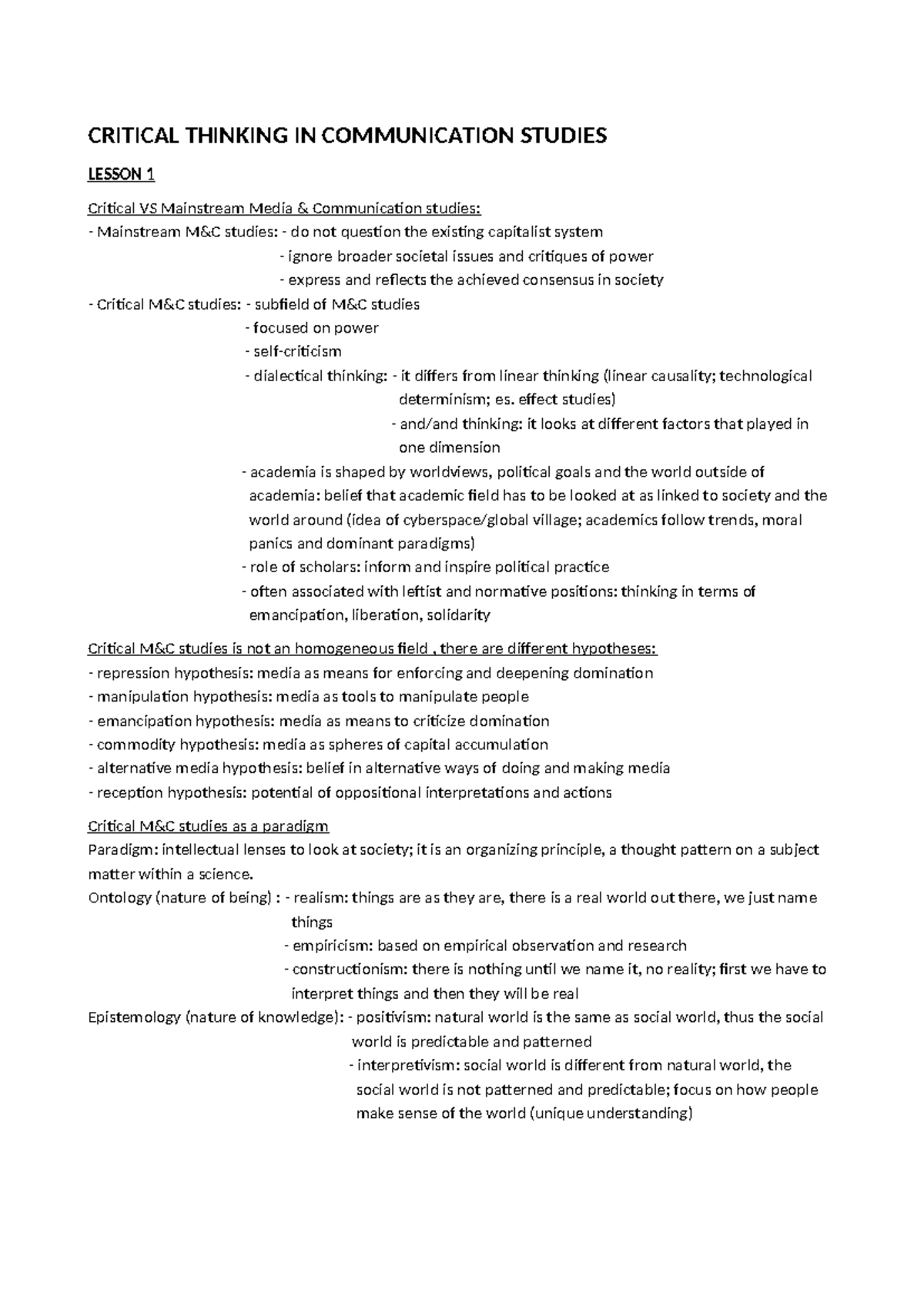 Summary for CT Communication studies - CRITICAL THINKING IN ...
