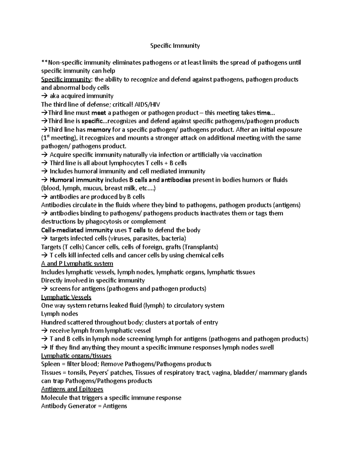 Specific Immunity Overview - A&P Study Notes - Studocu