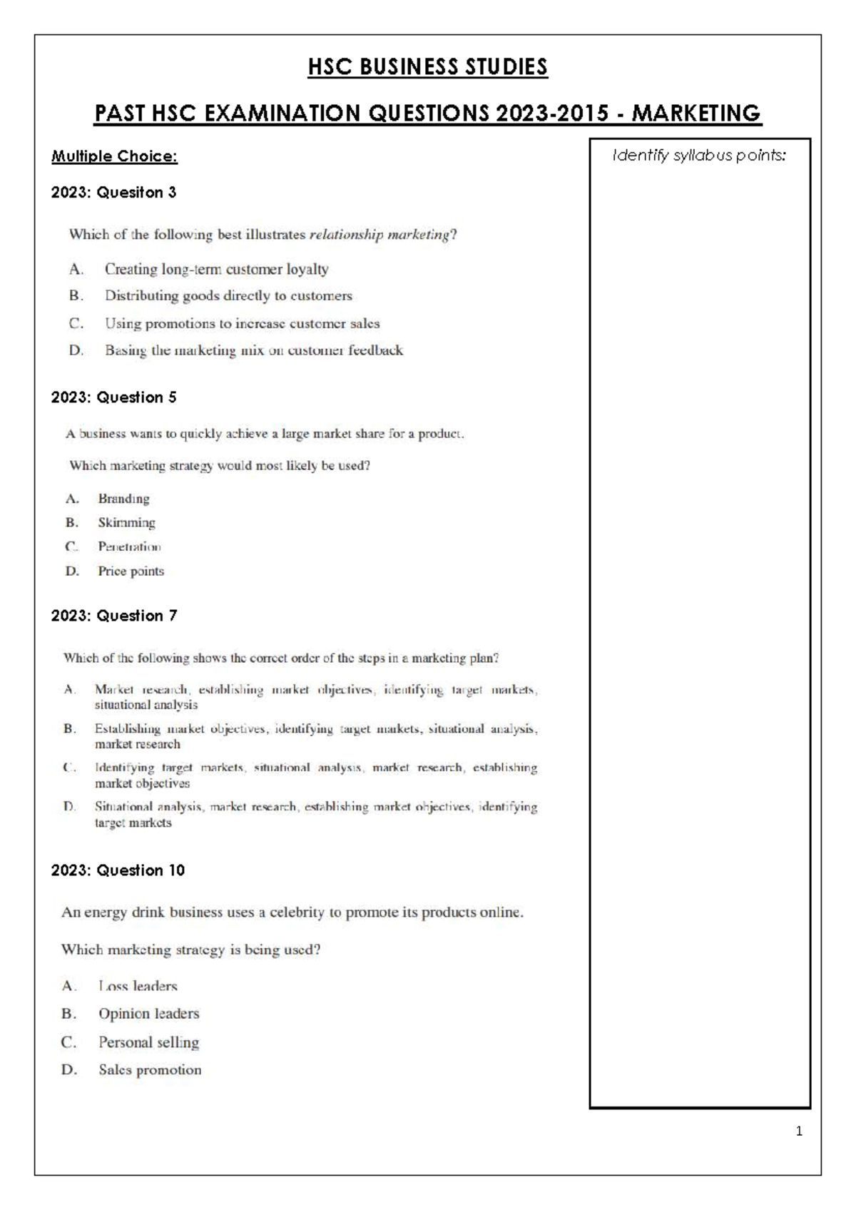 Marketing HSC Booklet 2023-2015 - HSC BUSINESS STUDIES PAST HSC ...