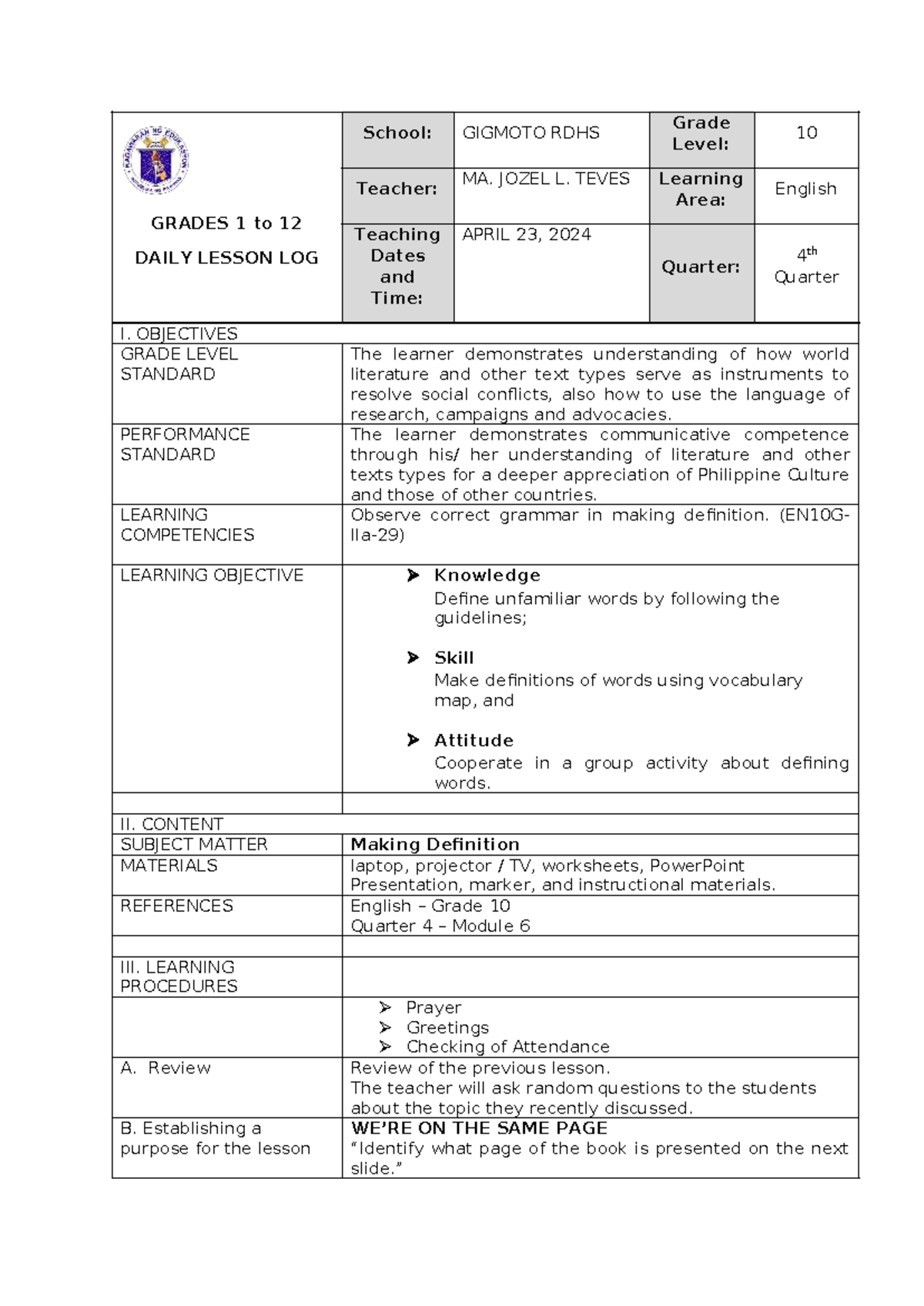 COT 4 - English Grade 10 Daily Lesson Log: Making Definitions - Studocu