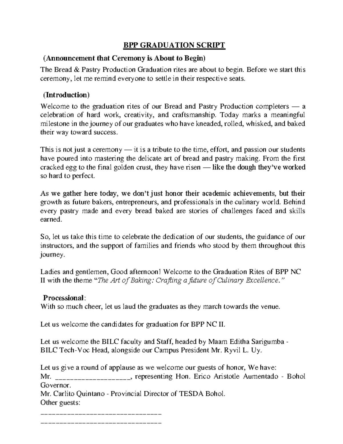 BPP NC II Graduation Script: Celebrating the Class of 2025 - Studocu