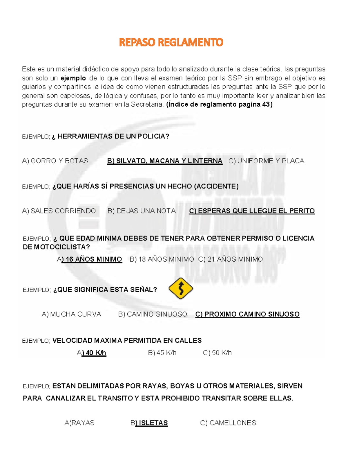 Material de Apoyo Teórico para Examen SSP - Clase de Conducción - Document Preview