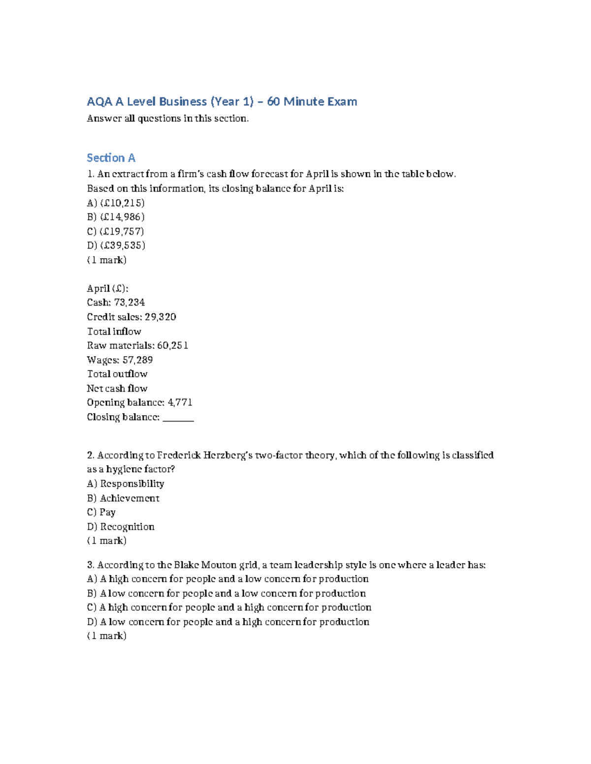 AQA A Level Business (Year 1) 60-Minute Exam Analysis and Questions ...