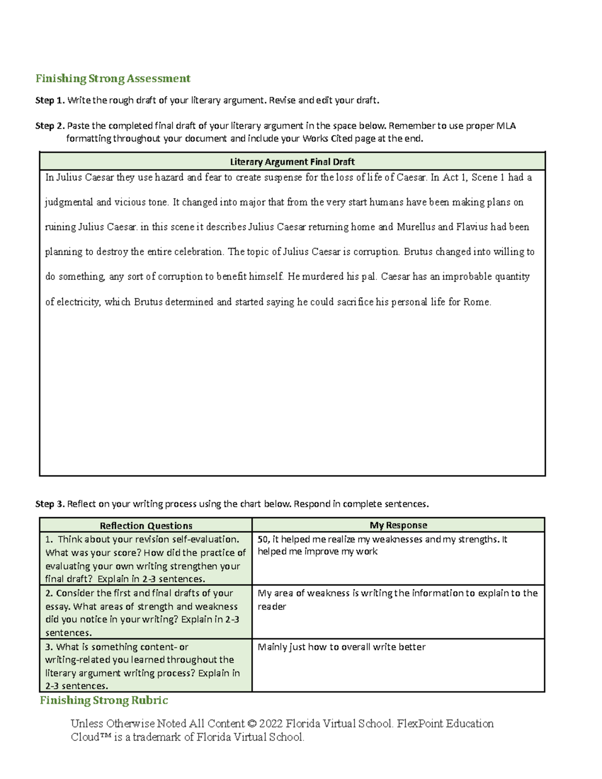 Literary Argument Final Draft & Reflection Rubric (ENG 101) - Studocu