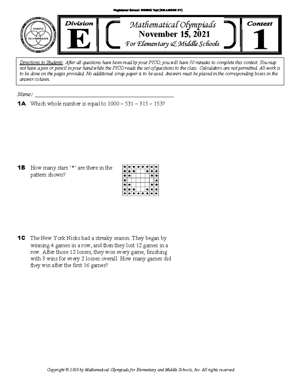 Mathematical Olympiads (MOEMS) Division E Practice Packet 2021-2022 ...
