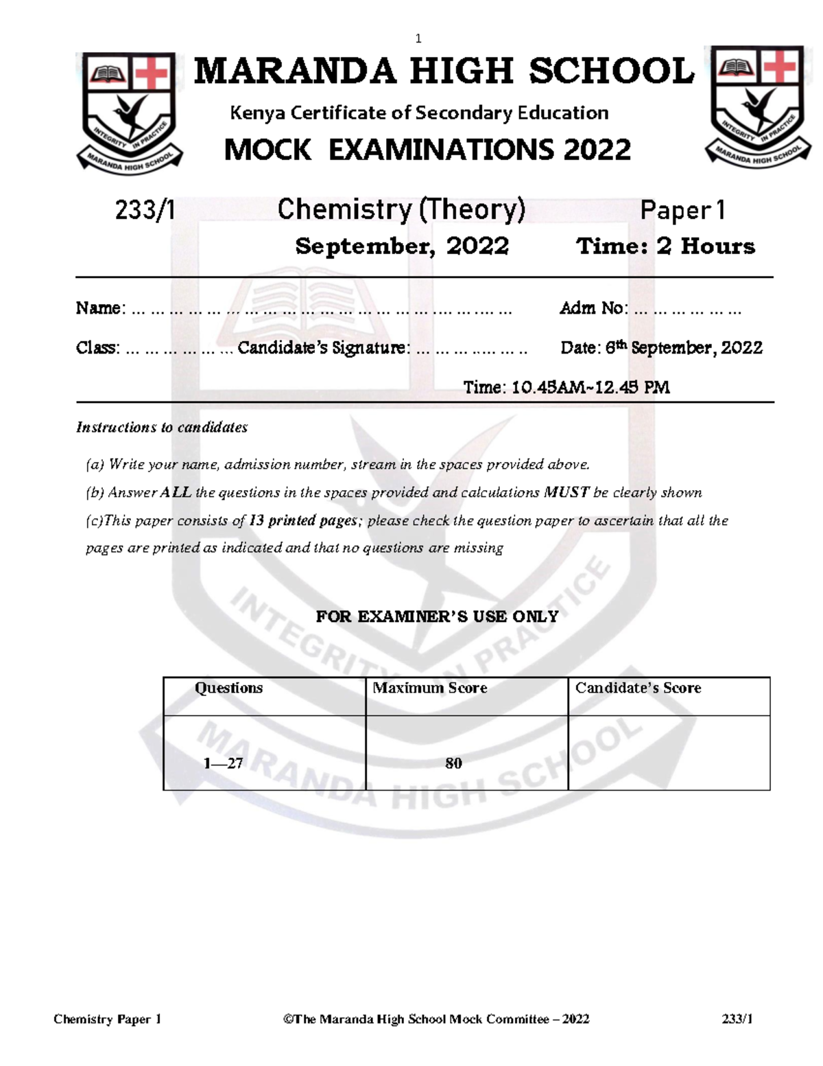 Maranda High School 2022 Chemistry Mock Exam Paper 1 (233/1) - Studocu