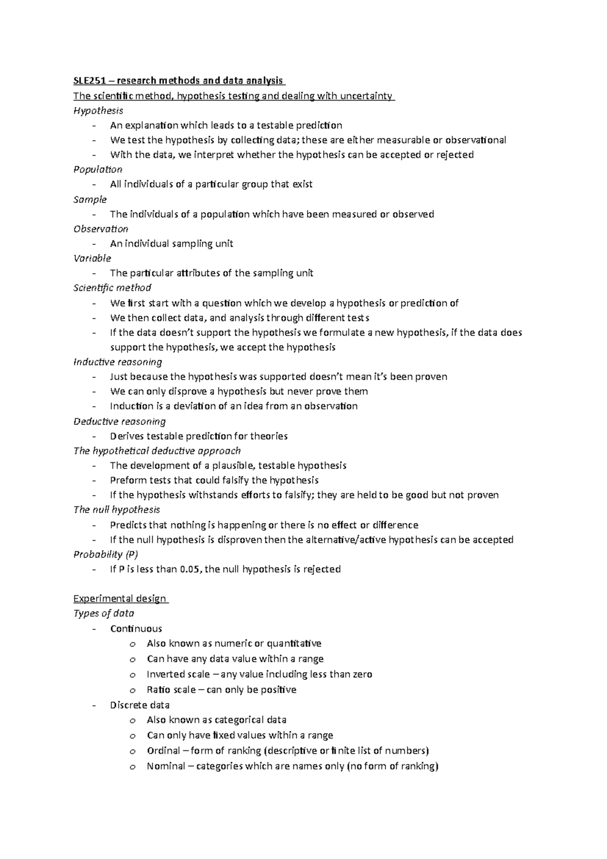 SLE251 Research Methods & Data Analysis Lecture Notes - Studocu