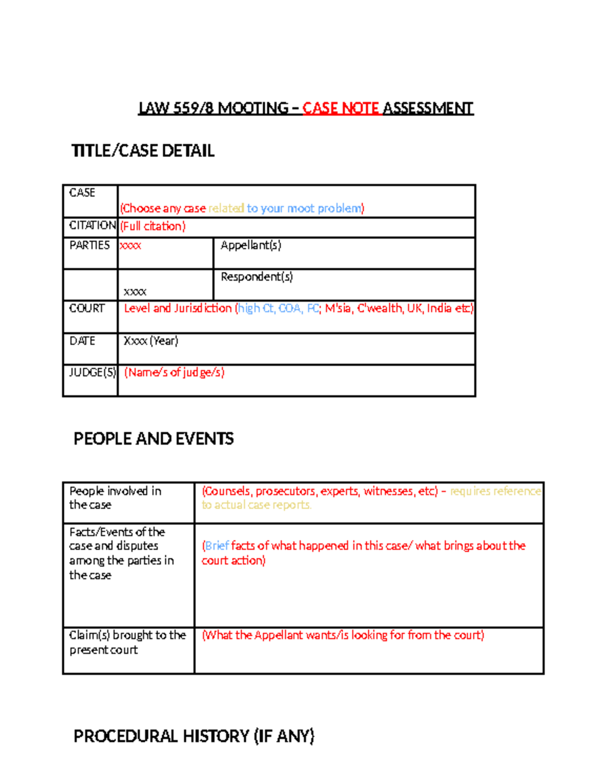 CASE NOTE - Elements that can be included in a case note - LAW 559/8 ...