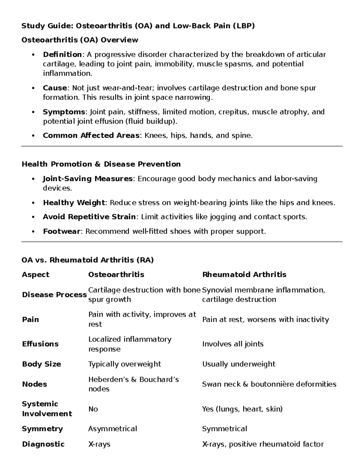 Osteoarthritis (OA) and Low Back Pain (LBP) Study Guide - Studocu