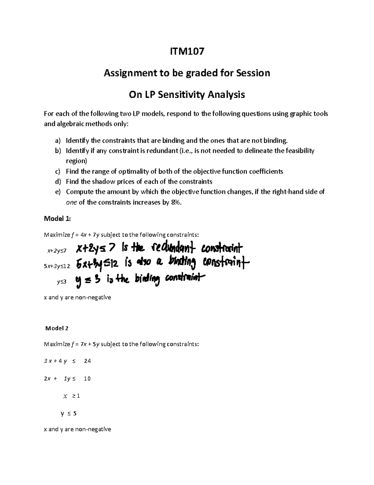 ITM107 Session 6: Assignment on LP Sensitivity Analysis - Studocu