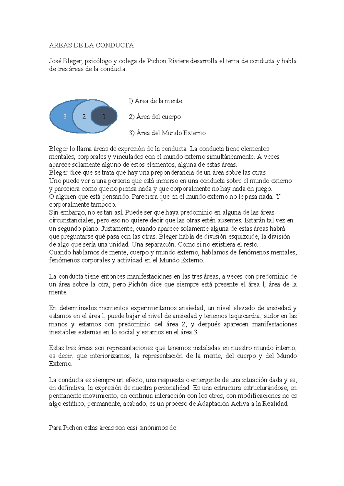 Áreas de la Conducta según José Bleger: Mente, Cuerpo y Mundo Externo ...