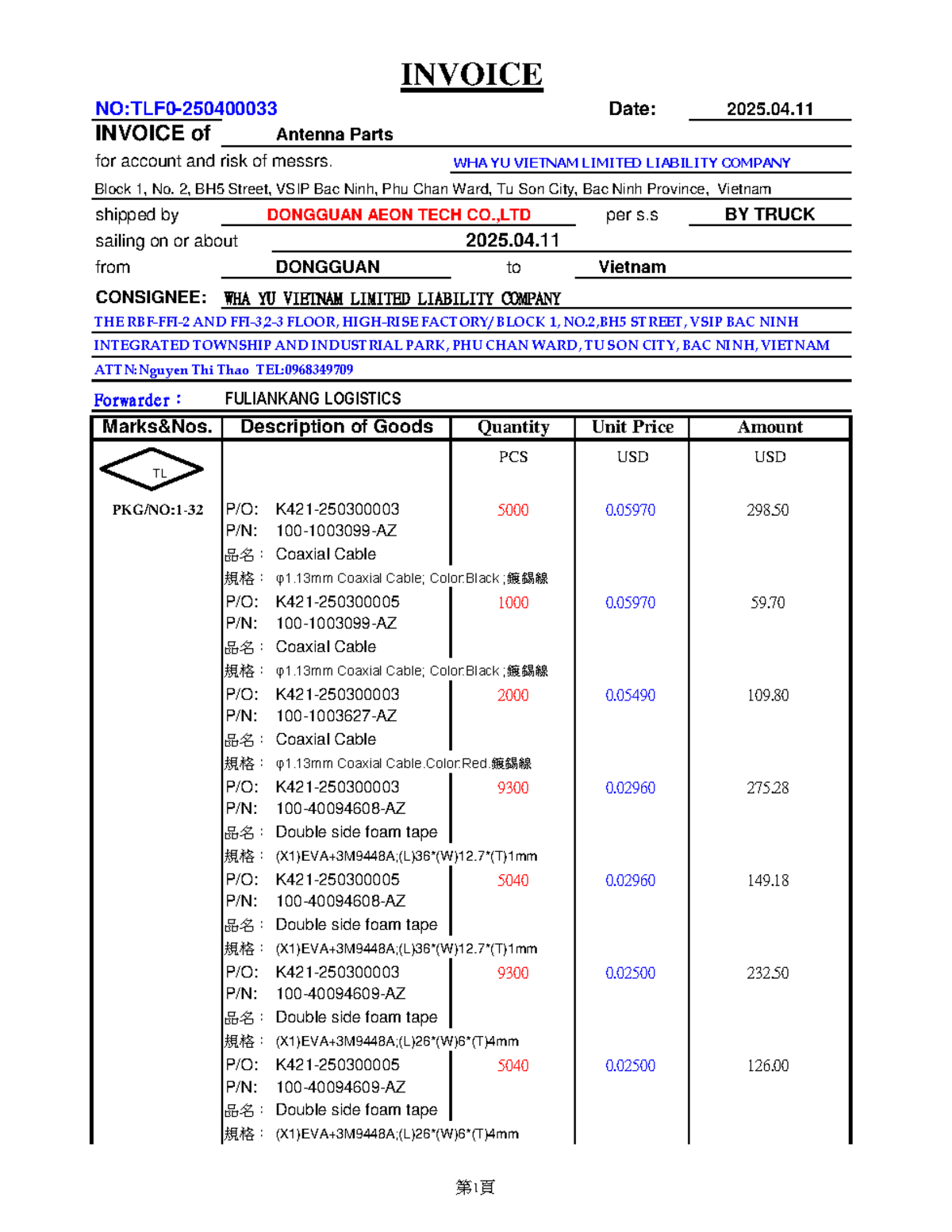 Invoice for antenna parts - TLF0-250400033 - Studocu