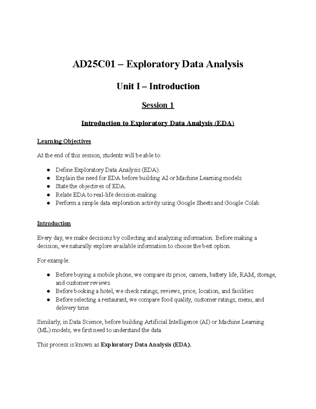 AD25C01 EDA Unit I Session 1: Introduction to Exploratory Data Analysis ...