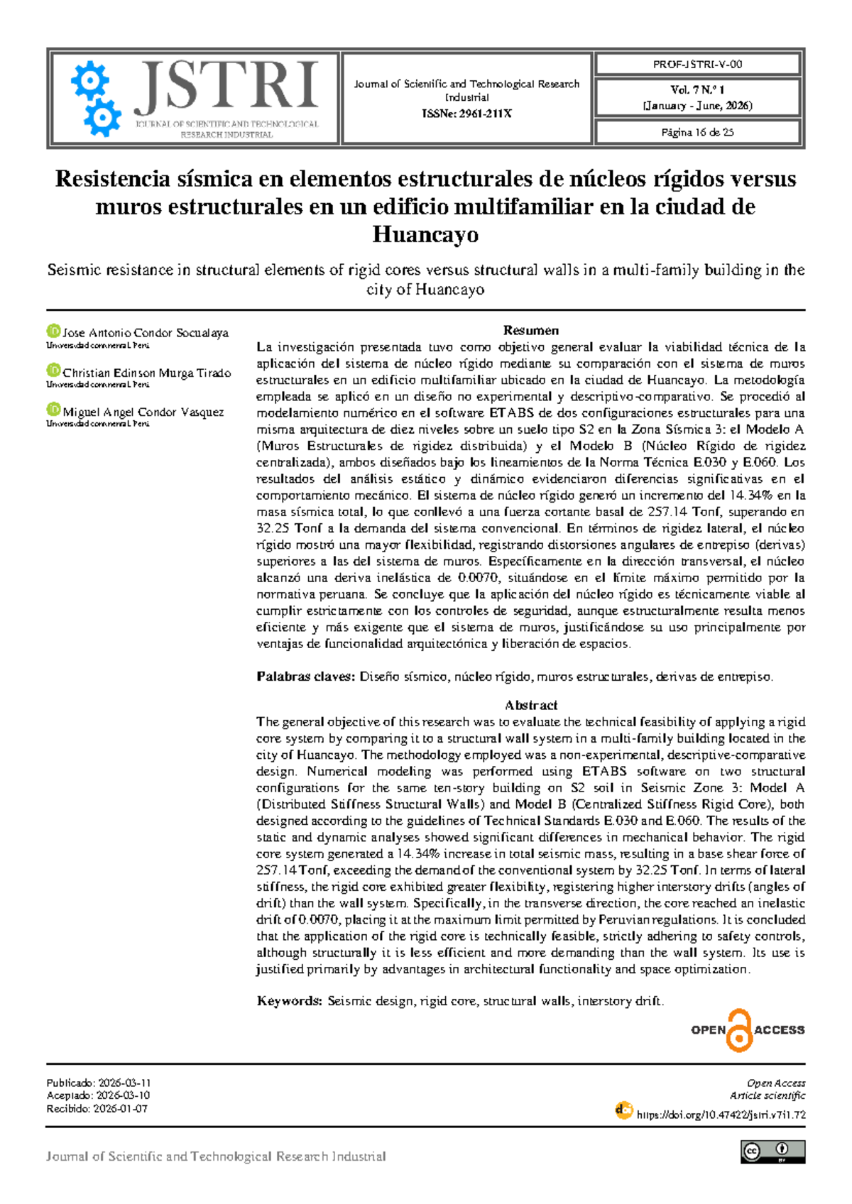 Resistencia Sísmica: Núcleo Rígido vs. Muros Estructurales en Huancayo ...