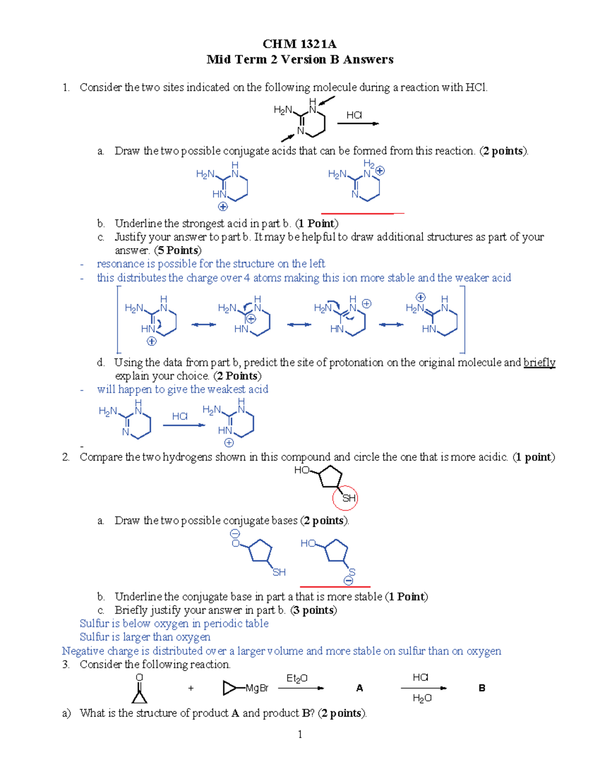 CHM 1321 - Midterm 2 with Answers - 1 CHM 1321A Mid Term 2 Version B ...