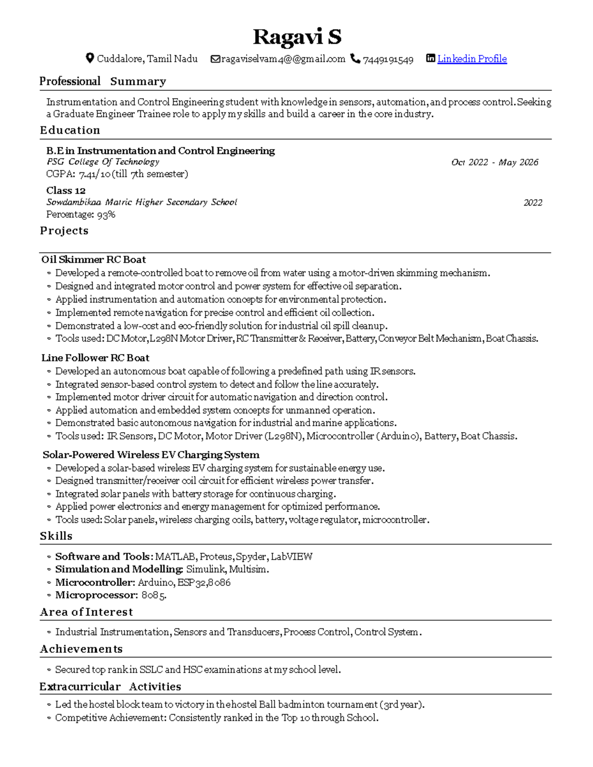 22u233 Ragavi S - Professional Summary & Projects in ICE - Studocu