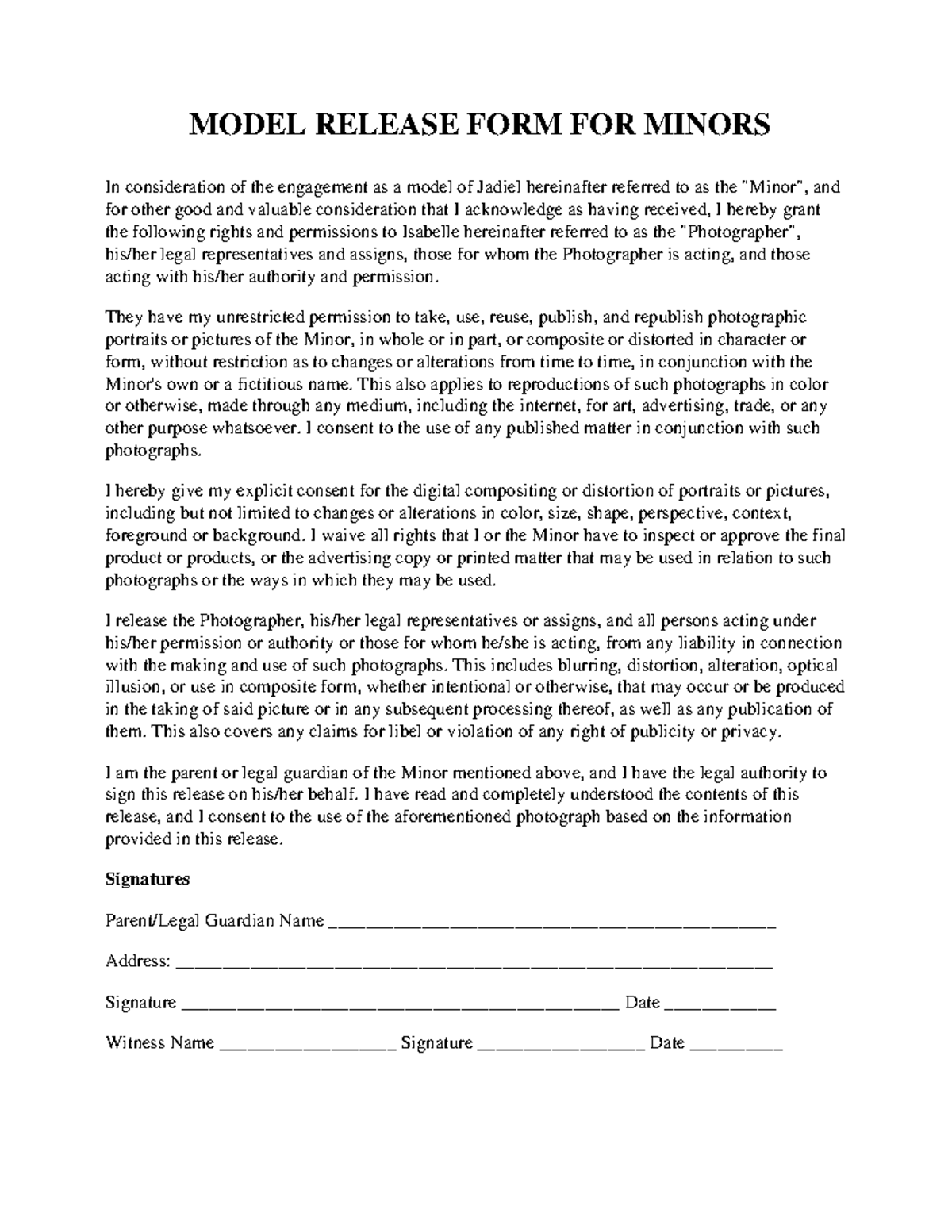 Model Release Form for Minors: Consent and Permissions - Studocu