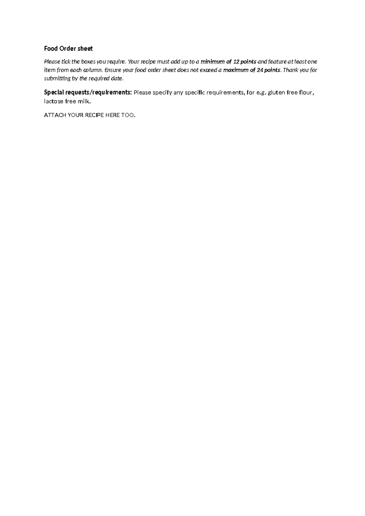 Food Order Sheet: Recipe Requirements & Point System Guidelines - Studocu