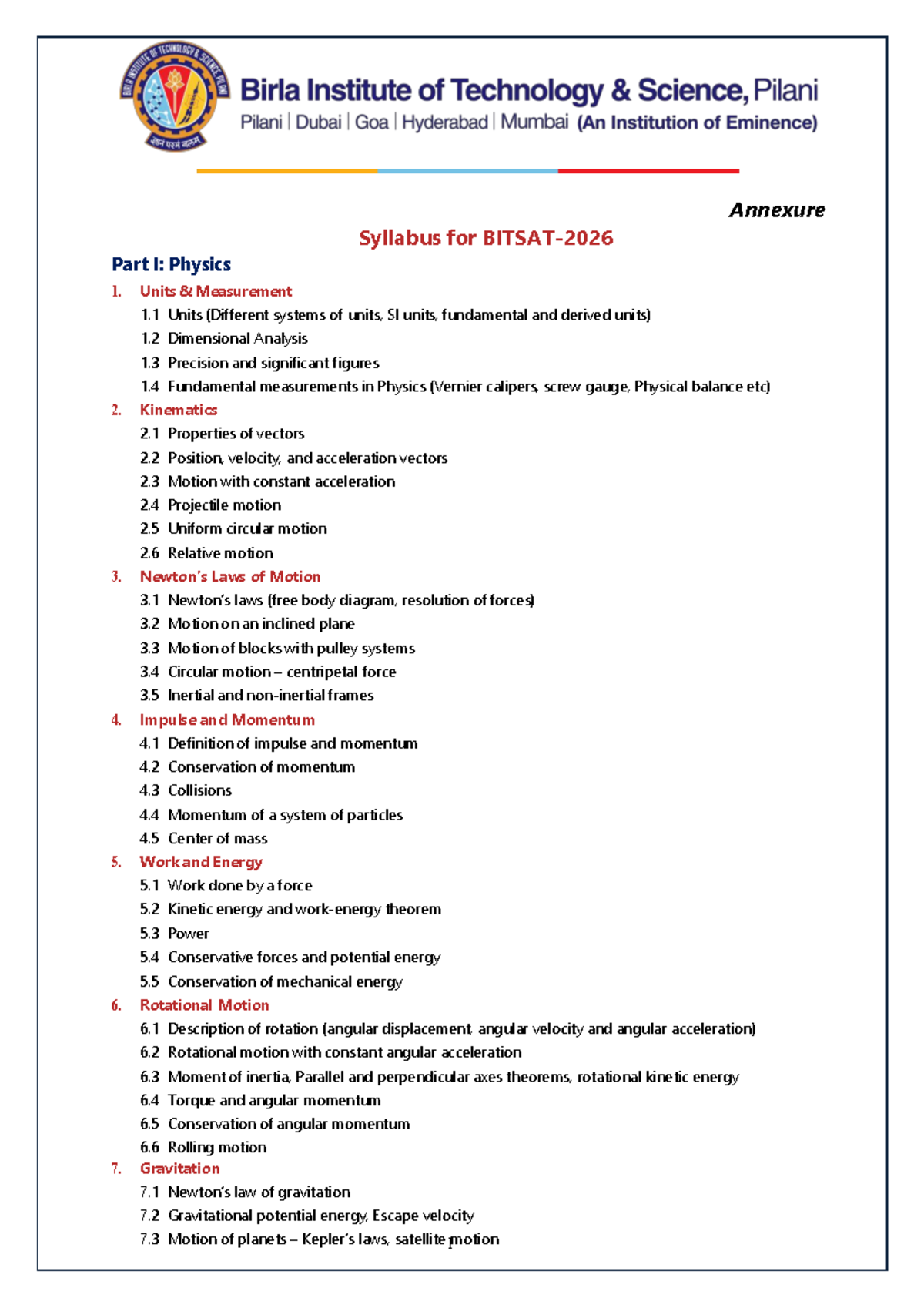 BITSAT Syllabus - Comprehensive Study Notes for Physics, Chemistry, and ...