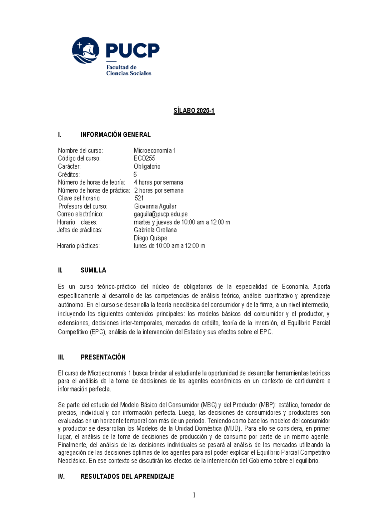 ECO2550521 2025-1: Sílabo del Curso de Microeconomía 1 - Document Preview