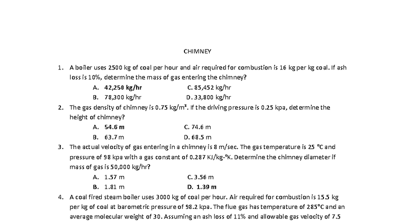 CHIM 101: Practice Problems on Chimney Design and Gas Flow - Studocu