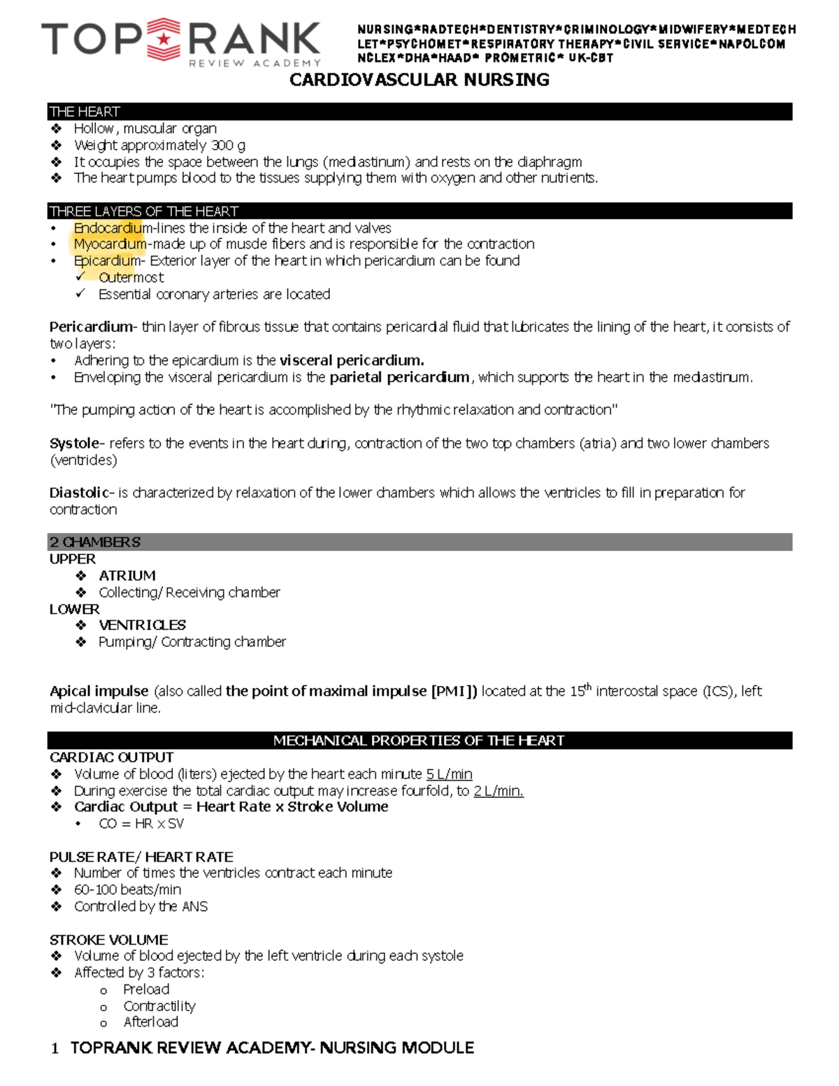 CARDIOVASCULAR NURSING: STUDY NOTES FOR NUR 101 - Studocu