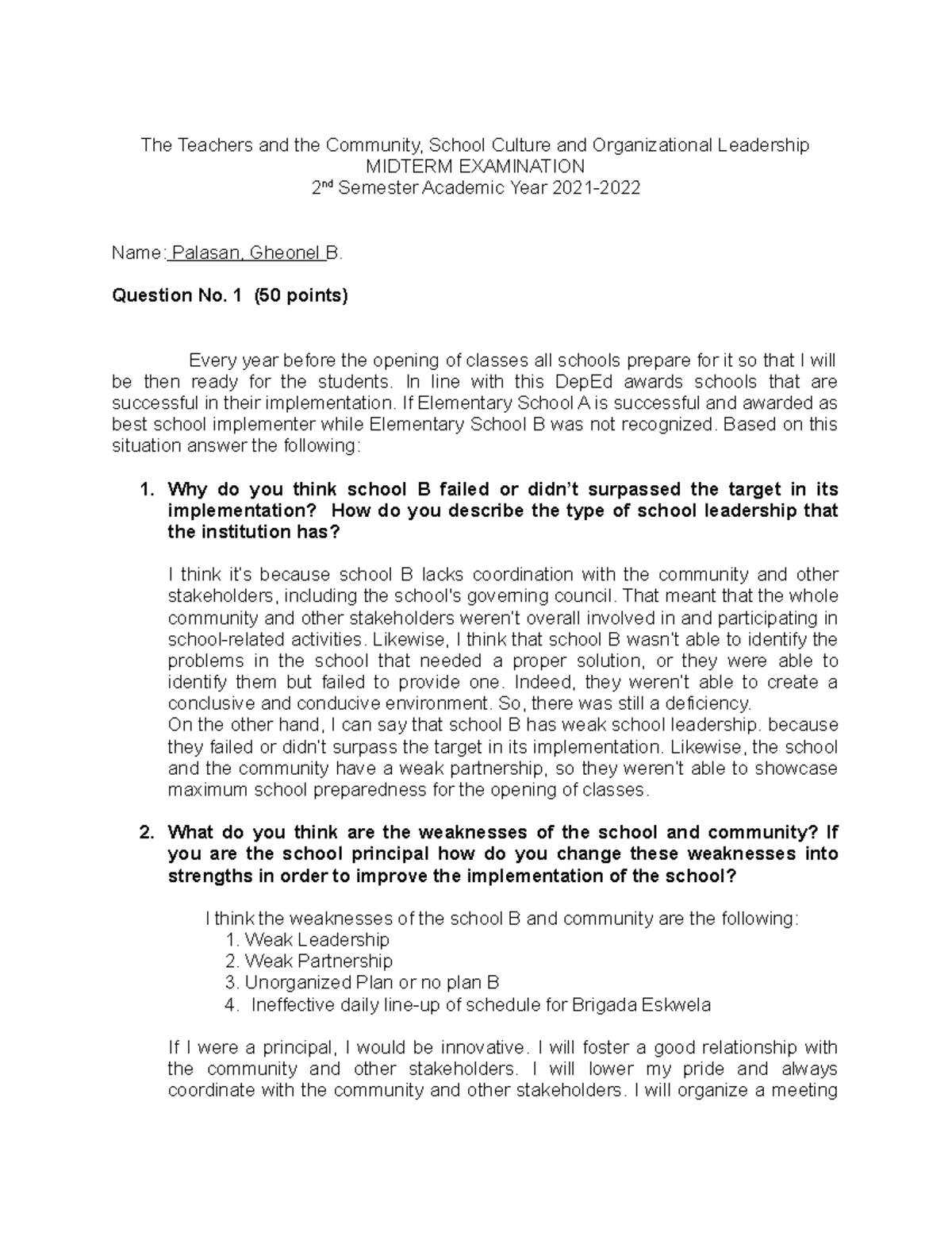 Midterm Exam - Teachers, Community, and School Culture Analysis - Studocu