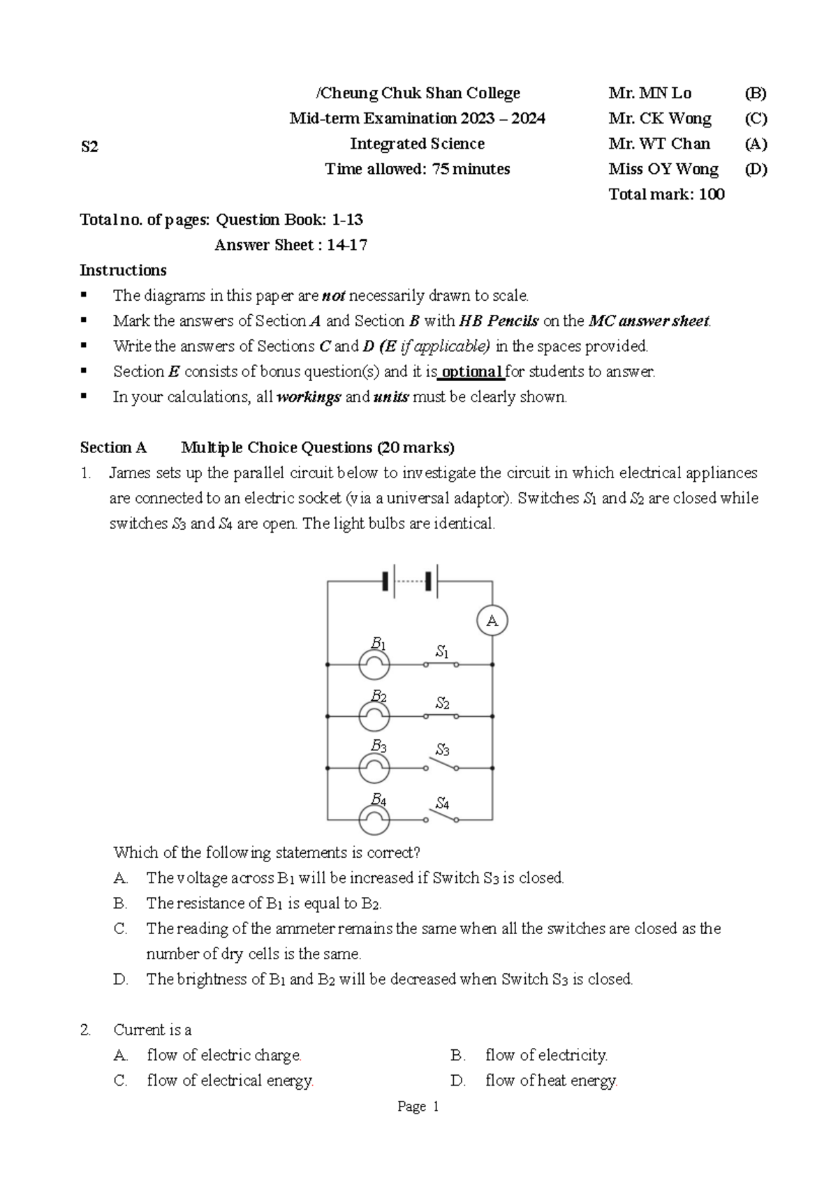 2324 S2 Integrated Science Final Exam Paper (Mr. Lo) - Studocu