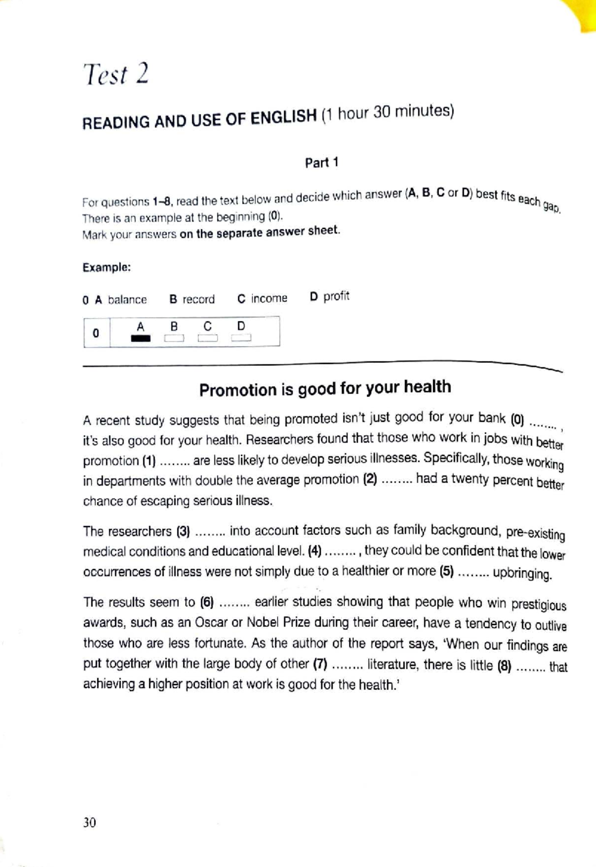 Test 2 - Reading and Use of English Practice (C1 Level) - Studocu