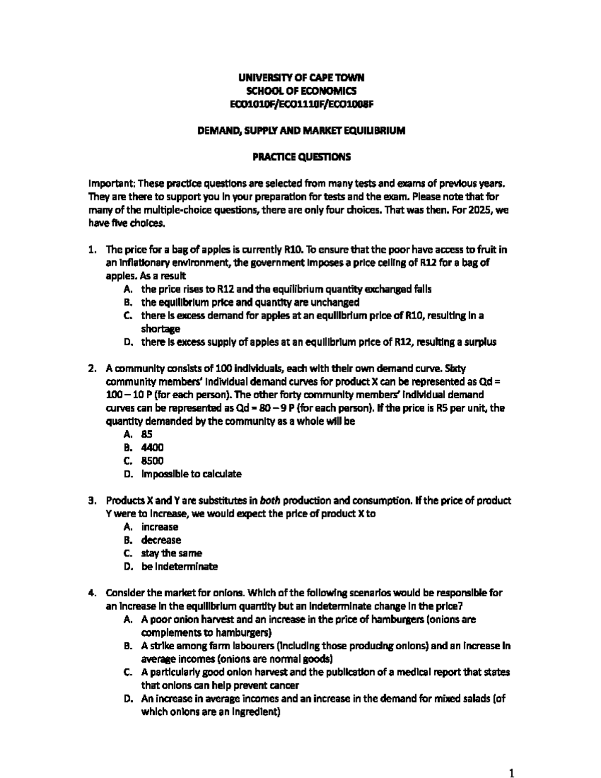 UCT ECO 101 Demand, Supply & Market Equilibrium Practice Questions ...